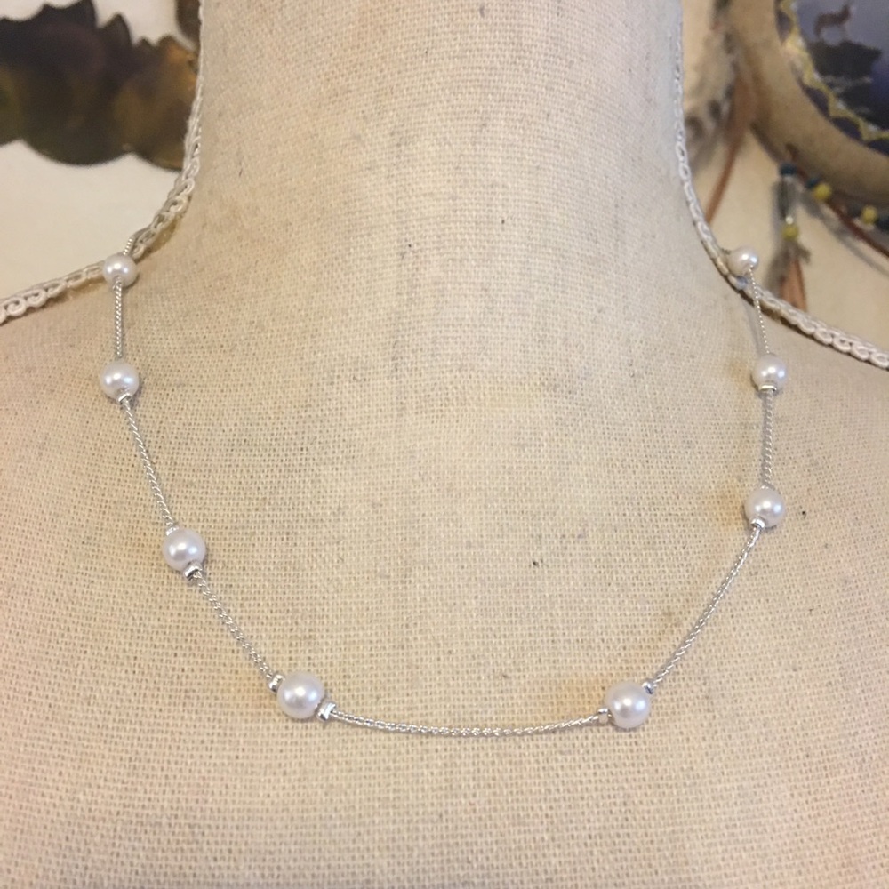 Faux pearl accented shiny silver tone necklace